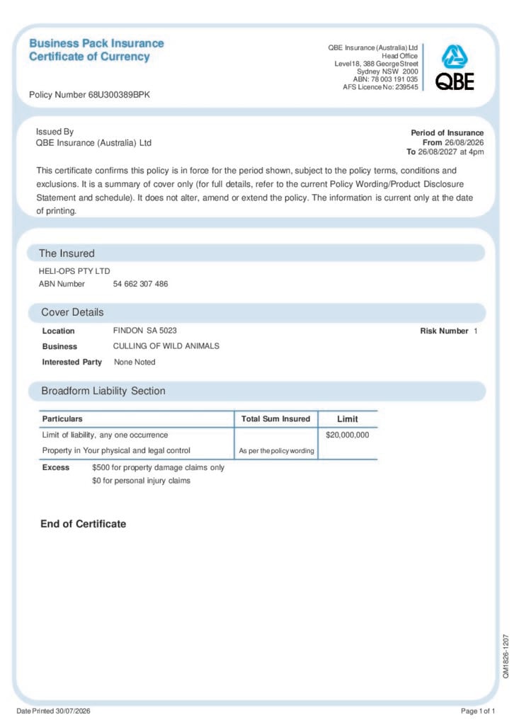 Heli-Ops Pty Ltd 2026-2027 Certificate of Currency issued by QBE Insurance
